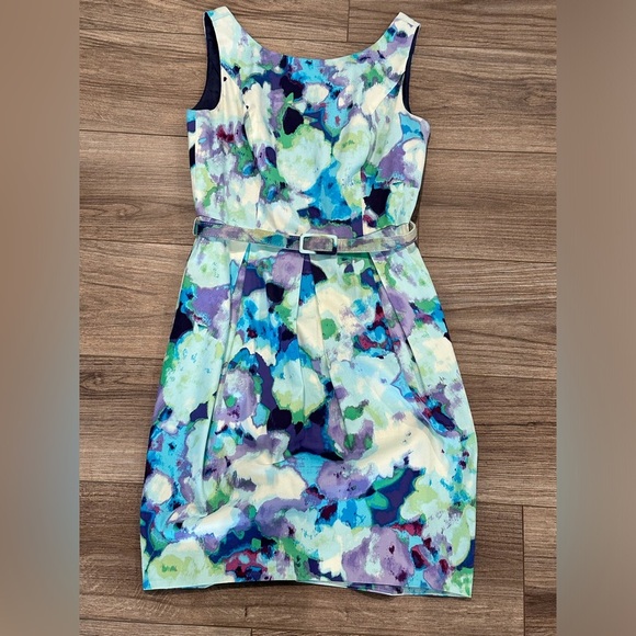 Eliza J Blue and Purple Watercolor Belted Tulip Hem Dress Size 4 - Picture 2 of 9